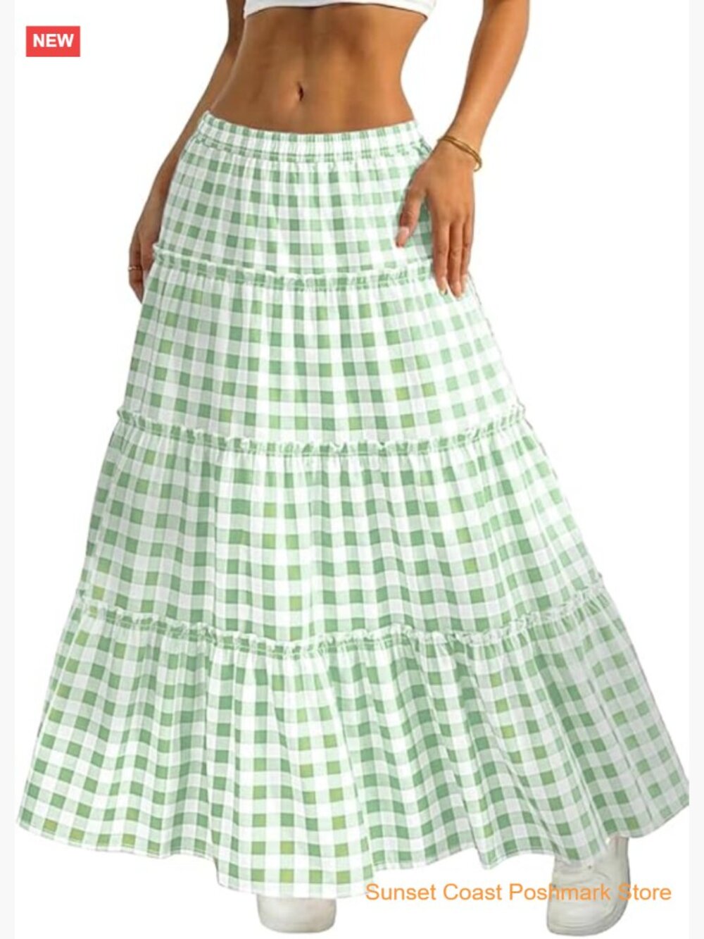 Flowy A-Line Maxi Skirt with Elastic Waist Gingham Tiered Boho Style